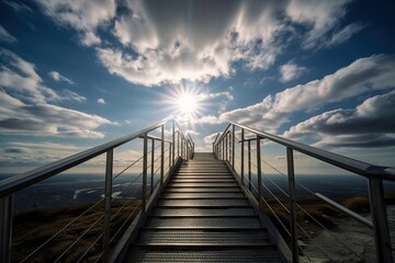 Fototapeta premium Large metal stairs, like a bridge, lead to the distant horizon to the sky, generative AI.