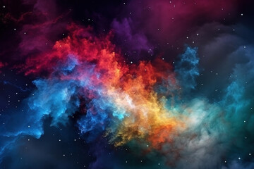 Naklejka na ściany i meble Colorful clouds of smoke and shiny glitter particles bursts abstract cosmic background