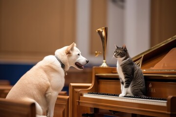 dog playing trumpet, while cat plays piano in a grand concert hall, created with generative ai