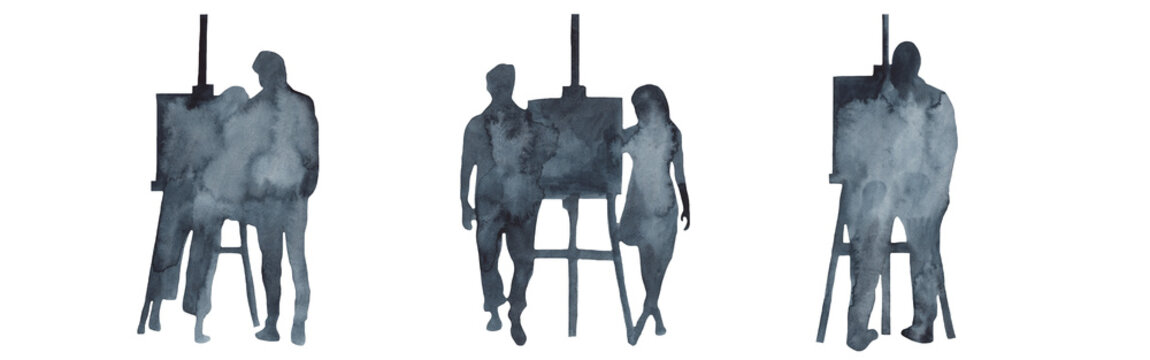 Silhouette Of A Couple On An Art Lesson Set.Blue Waatercolor Silhouette Couple Isolated On White Background.Men And Women Spend Time Together.