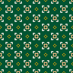 Vector geometric floral ornament in modern ethnic style. Abstract seamless pattern with simple shapes, flower silhouettes, squares. Retro vintage background. Green, yellow, beige. Repeat geo design
