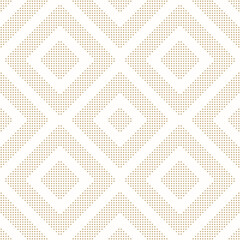 Gold and white vector geometric seamless pattern with lines, stripes, squares made for small dots. Luxury abstract graphic texture. Simple minimal dotted background. Modern repeat golden geo design