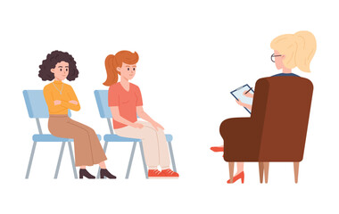 Smiling women sitting opposite psychologist with notes flat style