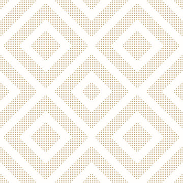 Gold And White Vector Geometric Seamless Pattern With Lines, Stripes, Squares Made For Small Dots. Luxury Abstract Graphic Texture. Simple Minimal Dotted Background. Modern Repeat Golden Geo Design