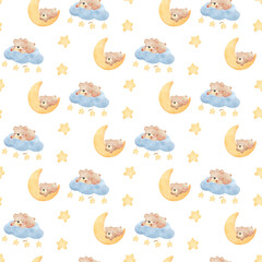 pattern seamless nursery watercolor happy baby bear on crescent moon whimsical cartoon character hand drawn cartoon illustration background