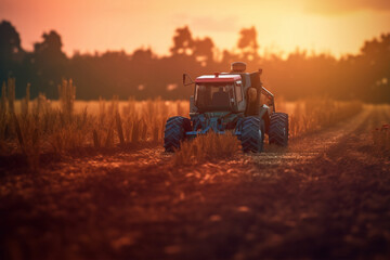 Fototapeta premium tractor in the field at sunset