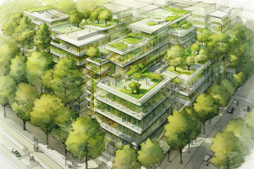 Urban project planning. Green sustainable design, creating eco friendly spaces, promoting energy efficiency, and integrating renewable energy sources for a low impact urban environment