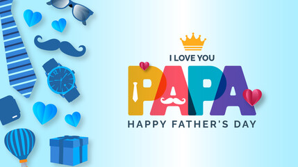 happy Father's Day background poster or banner design template celebrate in june. Father's Day background or banner with necktie, glasses, hat, and gift box. happy fathers day poster, greetings.