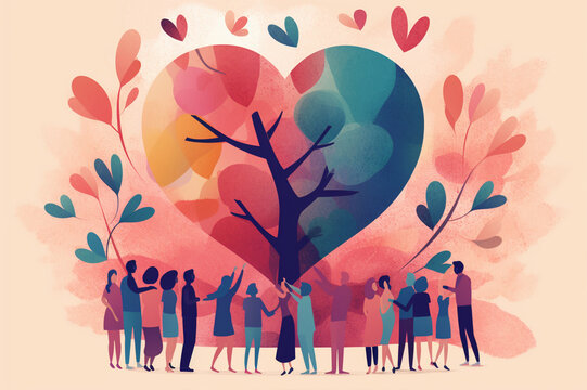 Charity illustration concept with abstract, diverse persons, hands and hearts. Community compassion, love, and support towards those in need