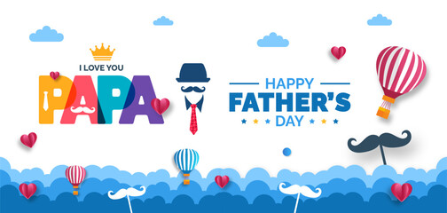 happy Father's Day background poster, greetings card or banner design template with parachute, cloud, necktie, glasses, hat, and gift box. celebrate in june. stylish papa typography design. - obrazy, fototapety, plakaty
