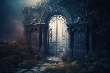 Entrance to dungeons and hell. A large wrought-iron gate to the garden, the park in an eerie fog, generative AI.