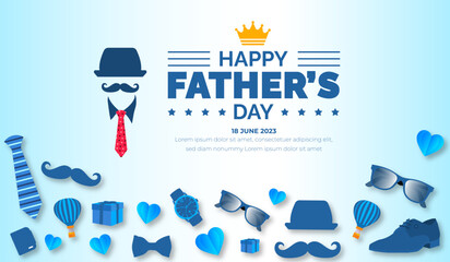 happy Father's Day background poster or banner design template celebrate in june. Father's Day background or banner with necktie, glasses, hat, and gift box. happy fathers day poster, greetings.