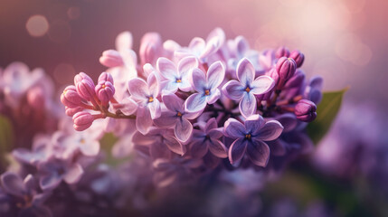 Beautiful purple lilac flowers. Macro photo of lilac spring flowers. Floral background. Generative AI.