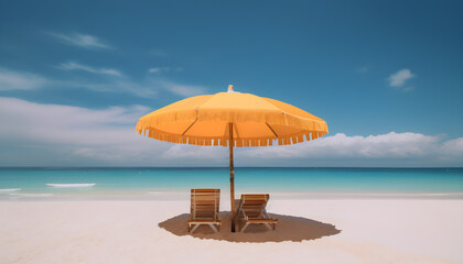 beach with parasol and chairs. Generative AI