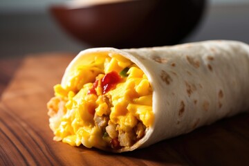 breakfast burrito, filled with scrambled eggs, cheese, and spicy salsa, created with generative ai
