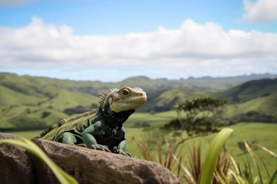 exotic pet with view of rolling hills and green fields, created with generative ai