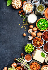 Vegan protein Plant based vegetarian food sources. Healthy eating, diet ingredients: legumes, beans, nuts, alternative milk, tofu, vegetables, seeds and sprouts. Food background. Top view