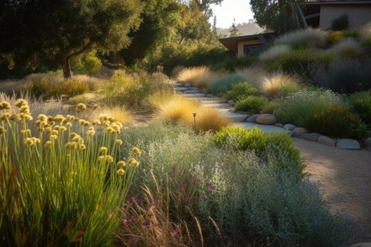 relaxing garden with drought-tolerant and native plants, surrounded by natural surroundings, created with generative ai