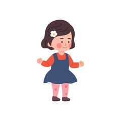 Little cute preschool girl in full length flat vector illustration isolated.