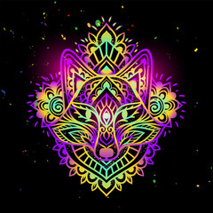 Fox mandala head psychedelic. Vector illustration. Colorful Ethnic drawing. Fox animal in Zen boho style. For party hippie, hallucination psilocybin 60s, 70s