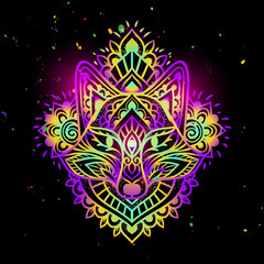 Fototapeta premium Fox mandala head psychedelic. Vector illustration. Colorful Ethnic drawing. Fox animal in Zen boho style. For party hippie, hallucination psilocybin 60s, 70s