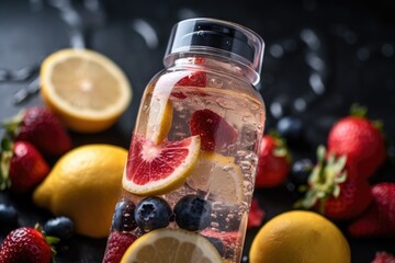 close-up of water bottle with multiple fruit slices floating in it, created with generative ai