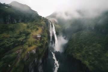 majestic waterfall with aerial view of its misty surroundings, created with generative ai