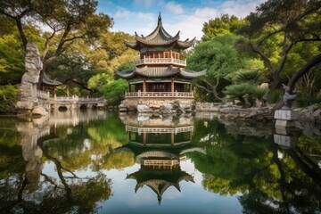 Fototapeta na wymiar peaceful pond with china pagoda reflected in the water, created with generative ai