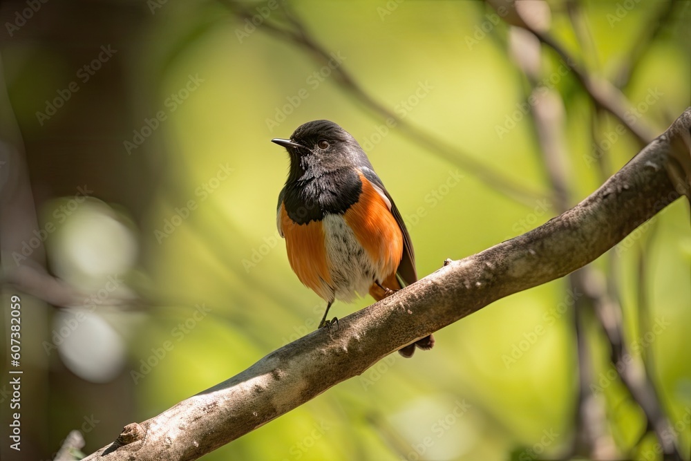 Wall mural male redstart bird resting on tree branch, with wings spread, created with generative ai