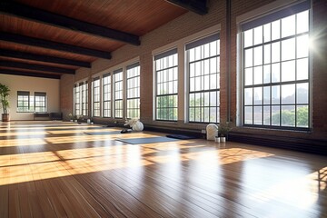Spacious Gym or Yoga Studio with Wooden Floors and Sunlit Windows - AI Generative