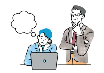 Office workers and coworker stuck in front of their laptops