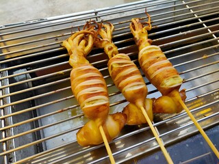 grilled squid skewers on the grill