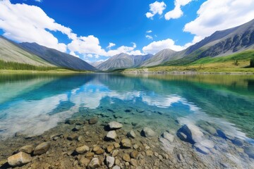 crystal clear lake surrounded by mountains, with blue sky and clouds in the background, created with generative ai