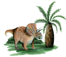 Triceratops dinosaur on prehistoric landscape watercolor illustration with palm tree, grass and bushes isolated on white background. Hand drawn detailed and realistic dino clipart for kids products