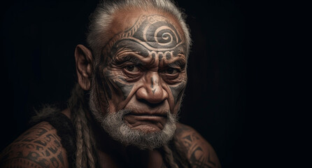 Fototapeta premium A mature aged tribal man with face tattoos, wisdom, maturity, strength, understanding. Isolated on a black background with copy space. Developed with generative ai