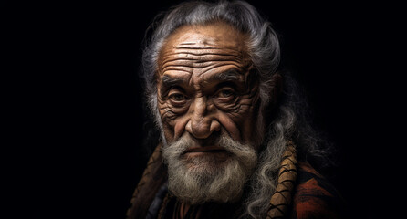 A mature aged tribal man with face tattoos, wisdom, maturity, strength, understanding. Isolated on a black background with copy space. Developed with generative ai