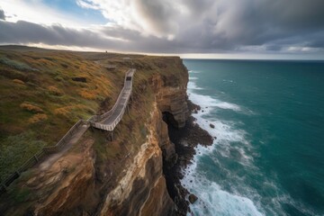 aerial view of cliffside walkway, with dramatic ocean and sky in the background, created with generative ai