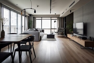 minimalist apartment, with open and airy spaces, wooden floors, and contemporary furnishings, created with generative ai