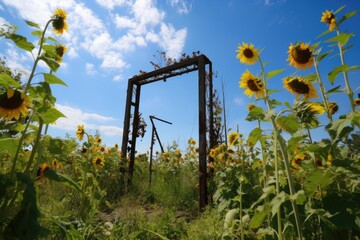 Fototapeta na wymiar metal detector frame surrounded by sunflowers and blue sky, created with generative ai