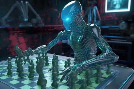 alien playing game of chess on futuristic board with holographic pieces, created with generative ai