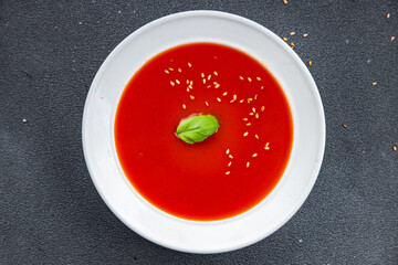 gazpacho tomato soup first course healthy meal food snack on the table copy space food background rustic top view keto or paleo diet veggie vegan or vegetarian food