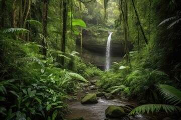 majestic waterfall cascading into lush jungle valley, created with generative ai