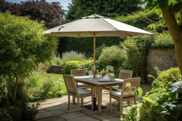 Obraz premium relaxing garden with private dining area and romantic setting for two, created with generative ai