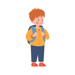 Red-haired child boy standing with backpack flat style, vector illustration