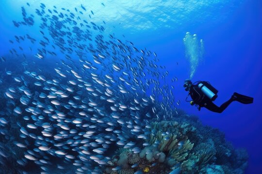 scuba diver swimming with schools of fish in coral reef, created with generative ai