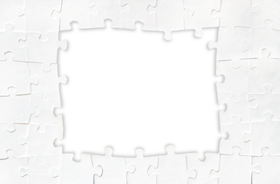 Frame made of white puzzles. Business background. Blank space for your text. Paper texture. Design 