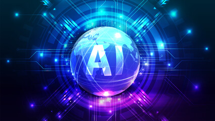 Background with artificial Intelligence computer database concept in for of digital sphere. Modern pink and blue CPU in form of hologram planet. Tech Futuristic Template.