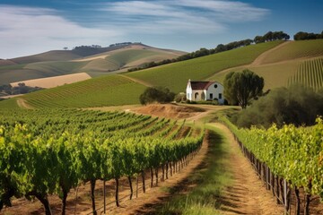Fototapeta premium vineyard with rolling hills and farmhouse in the distance, created with generative ai