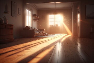 the sun rays shining on the floor, creating a warm and cozy atmosphere, created with generative ai