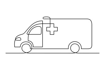 Ambulance vehicle in continuous line art drawing style. Emergency ambulance van with Red Cross symbol black linear sketch isolated on white background. Vector illustration - obrazy, fototapety, plakaty